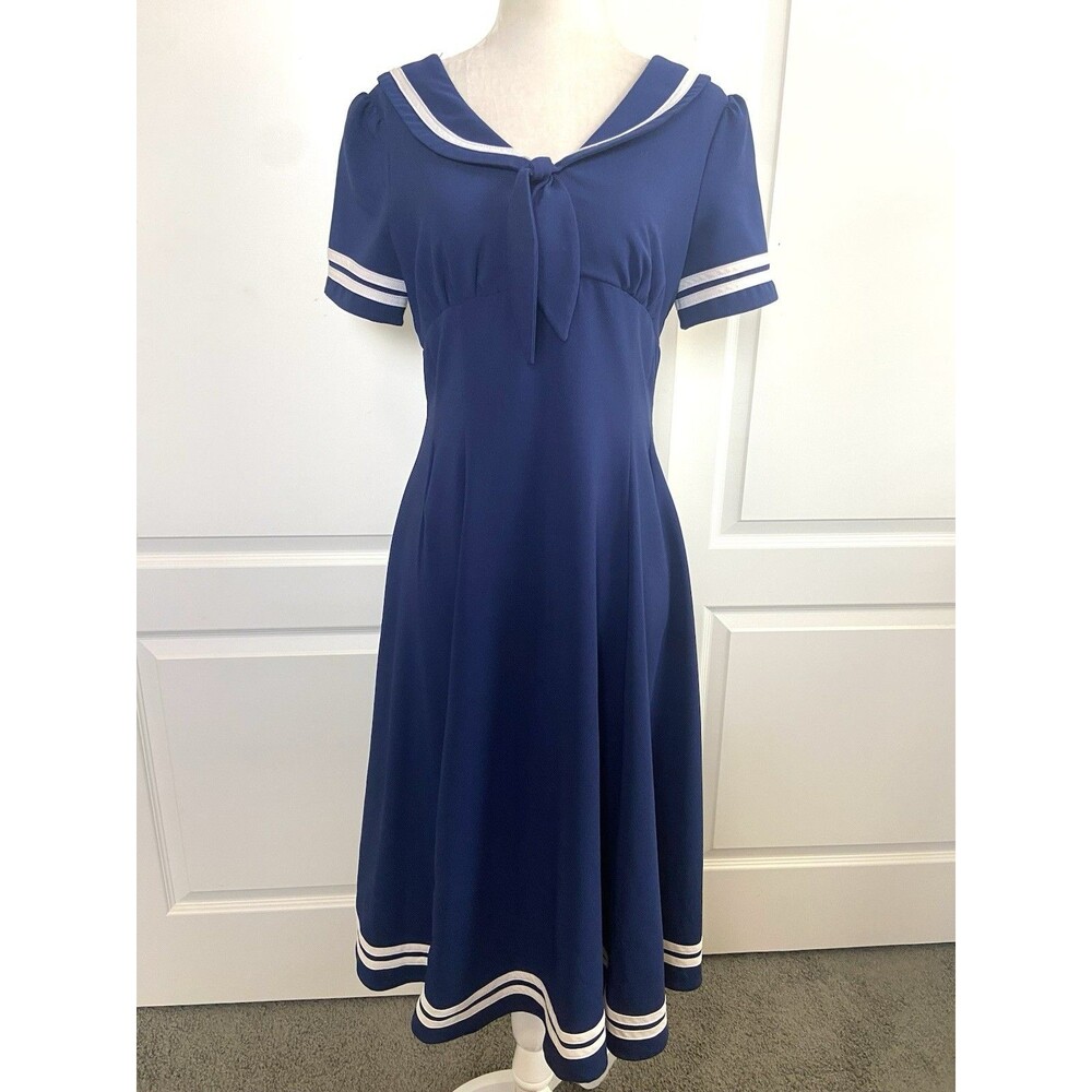 Hell Bunny Vixen Ambleside Sailor Midi Dress Fit & Flare Navy White Size Small